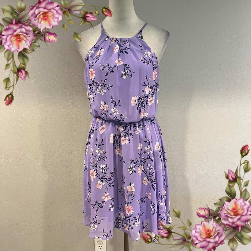 Floral Halter Neck Dress - Purple